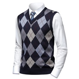 Herothorn Men's Thick Argyle Sweater Vests Classic V-Neck Knitwear Jumper Waistcoat Wool Blend Sleeveless Cardigan with Buttons Warm Plaid Tank Tops Autumn Winter