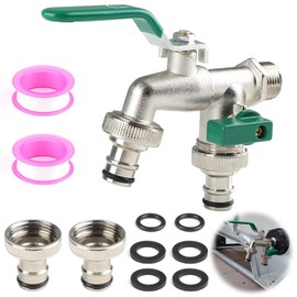 Arvoni Wasserhahn Garten, Doppel Wasserhahn 1/2 Zoll aus Messing rost, und frostsicher, mit 2*Schlauchanschlüsse, 2*Dichtungen, 2*Rollendichtband und 2*Unterlegscheiben für Garten, Waschmaschine