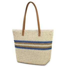 Aucuu Straw Bag, Women's Beach Bag, Straw Handbag with Leather Handles and Zip, Large Shoulder Bag for Holiday, Travel, Beach, Summer, #3 Cream-B