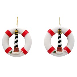 Set of 2 Nautical Lighthouse and Life Ring Christmas Ornaments - 3.25-Inch Holiday Decorations