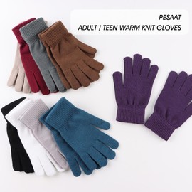 Pesaat Classic Women Girls Knit Gloves Mitten Solid Color Men Fleece Lining Glove for Fall Early Winter 3-pack (White+Light Gray+Khaki, Onesize)