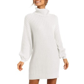 ANRABESS Women Oversized Sweater Dress Turtleneck Batwing Long Sleeve Ribbed Knit Loose 2025 Fall Winter Casual Short Dress White a240bai-M