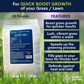 Supply Solutions 21.4-7-14.1 Lawn and Turf Fertilizer with Iron - Achieves a Lush Green Lawn in Weeks - Turf Builder for All Grass Types - for Greener Grass Lawn Fertilizer (25lbs)