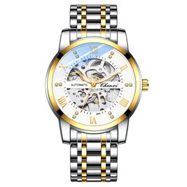 Verhux Men's Automatic Skeleton Watches Self Winding Mechanical Black Two Tone Stainess Steel Waterproof Wrist Watches