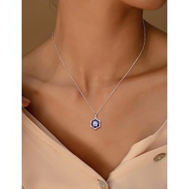 RANDES 4 Carat Sapphire and Diamond Necklaces Sterling Silver Flower Pendant Necklace 18 Inch Chain Dark Blue Preppy Birthstone Necklace