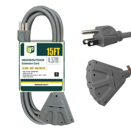 EP 15 Ft Outdoor Extension Cord with 3 Electrical Power Outlets - 16/3 SJTW Grey Cable with 3 Prong Grounded Plug for Safety Great for Christmas Lights, Garden and Major Appliances