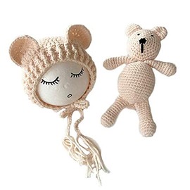 Newborn Infant Photography Prop Crochet Boys Girls Knit Bear Toy with Bear Hat (Beige)