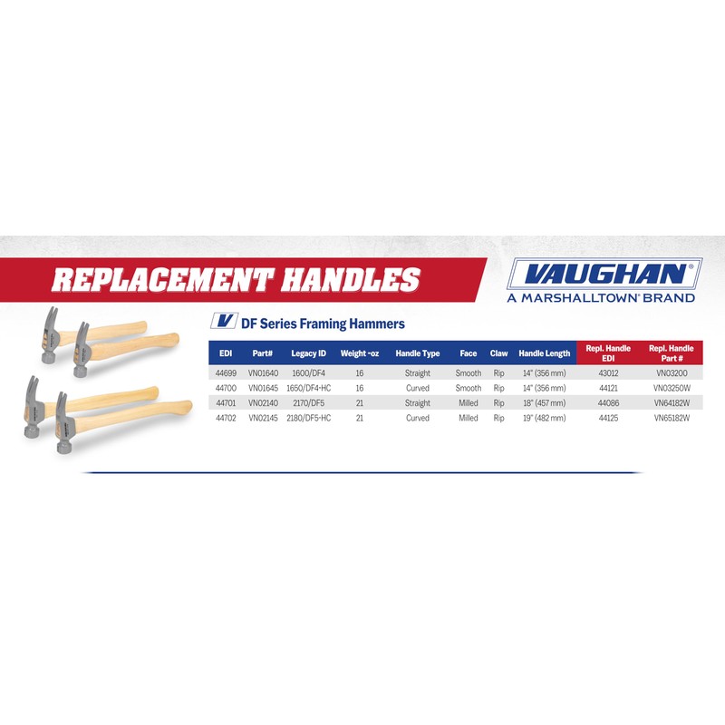 VAUGHAN DF Series 16 oz Framing Hammer, Smooth Face, Hickory