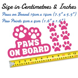 Paws On Board & 6 Paw Prints Pet Funny Car Sticker - Waterproof Decal - Long Lasting - Dog & Cat Gifts for Cars, Vans, Caravans, Motorhomes (Pink)