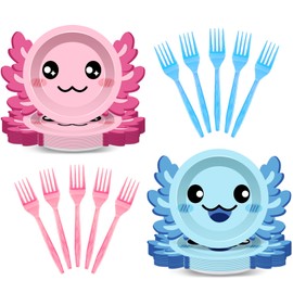 Cogniplay 80Pcs Axolotl Shaped Birthday Party Decorations 7 Inch Dessert Plates and Forks Cartoon Axolotl Dinner Paper Plates Dinnerware for Kids Boys Girls Party Baby Shower Supplies Favors