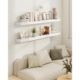 Marsmiles 32" Floating Shelves for Wall, Wooden Shelves with Invisible Brackets Set of 2, Rustic Farmhouse Wall Mounted Shelf for Kitchen Bathroom Living Room Study, White