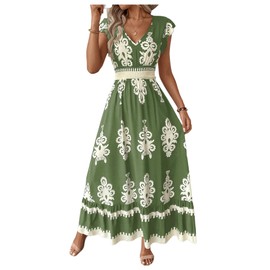 Floerns Women's Tribal Cap Sleeve A Line Dress V Neck Flounce Hem Vacation Maxi Dresses Green Medium