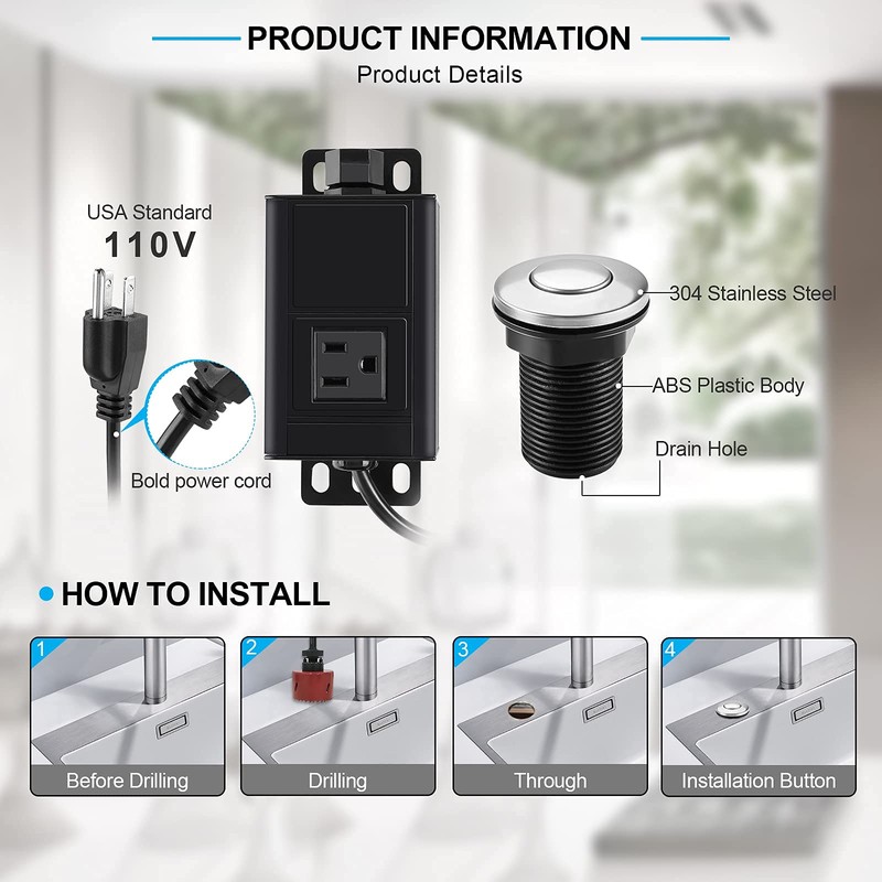 HK Garbage Disposal Air Switch Kit with Power Cord Kit,