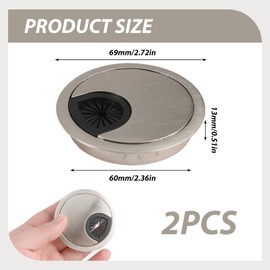 2 Pack 60mm Desk Grommet Kit,Zinc Alloy Desk Hole Covers,Computer Desktop Grommets Cable Management Wire Organizers,Round Table Cable Hole Cover for Home Office,Brushed Silver
