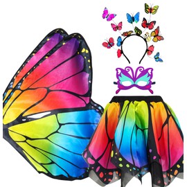 D.Q.Z Double-Sided Fairy Butterfly Wings Costume for Girls with Rainbow Tutu, 4Pcs Toddler Princess Dress Up Clothes Gifts for 3-8 (Brilliant Rainbow)