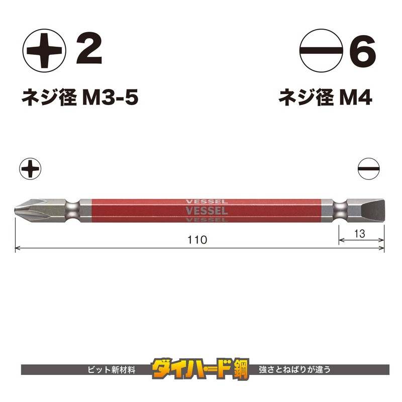 Vessel Double-Head Combi Rigid Bit, Colored, +2/-6 x 110, Set