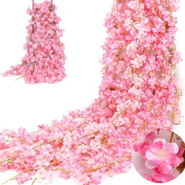 3 Pack Pink Cherry Blossom Flower Garland - Artificial Cherry Blossom Garland for Wedding, Party, Home Decor - Realistic Spring Floral Vine for Indoor & Outdoor Decoration- 74in Each
