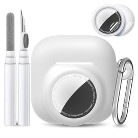 2 in 1 Silicone Protective Skin Cover Compatible with AirPod 4 and AirTag,Anti-Scratch Anti-Lost GPS Tracker Cover Holder for Men Women with Cleaner Kit,Carabiner,2 PCS TPU Screen Protector (White)