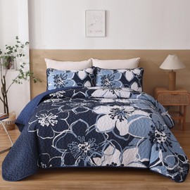 Luxudecor Floral Quilt Set King Size 3 Pieces Navy Blue Flower Bedspread with Pillow Shams Lightweight Soft Microfiber Bed Cover for All Seasons 108"x92"