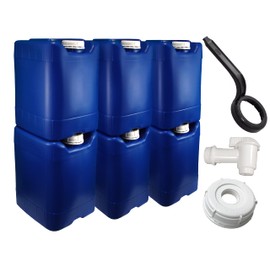 Poly Farm Samson Stacker Classic Kit, Blue, 5 gallon, 6-Pack (30 Gal total) with 6 storage-ready caps, 1 punched spigot-ready cap, 1 spigot & 1 wrench, Compliant HDPE Emergency Water Storage, Boxed
