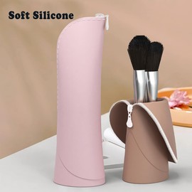VIXIIV Makeup Brush Holder Travel Makeup Brush Holder, Silicone Case Soft and Sleek,Zippered Pouch Anti-fall Out Portable Silicon Cosmetic Bag, Powder Puff Case, Triangle Beauty Blender Holder (Pink)