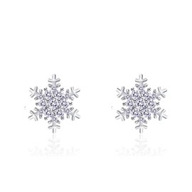 QUKE Women 925 Sterling Silver CZ Crystal Snowflake Shape Pierced Stud Earrings For Women Girls