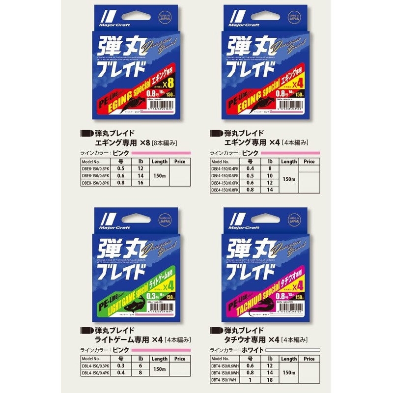 Major Craft Dangan Braid PE Fishing Line, 4 Strand Braided,