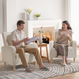 COLAMY Sherpa Upholstered Accent Chair Armchair with Pillow, Fabric Reading Living Room Side Chair,Single Sofa with Lounge Seat and Wood Legs, Cream