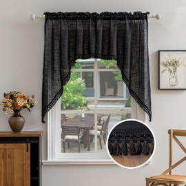 Beda Home Tassel Linen Textured Swag Valances for Farmhouses’ Kitchen; Light Filtering Rustic Short Swag Topper for Small Windows Bedroom Privacy Added Rod Pocket Design, Black, 36 x45 inch, 1 Pair