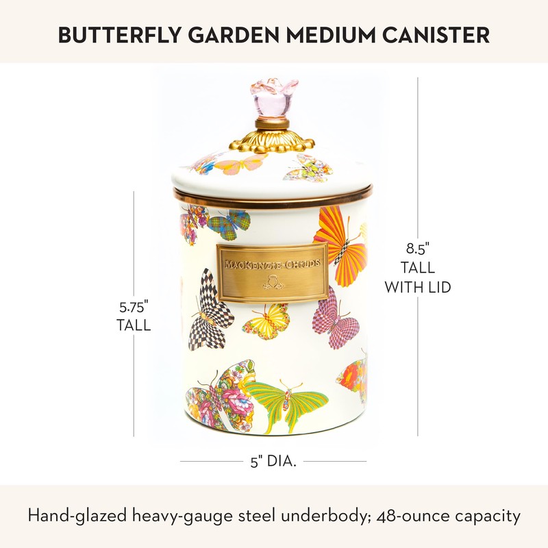 MACKENZIE-CHILDS Butterfly Garden Enamel Canister, Pretty Kitchen Storage Container with