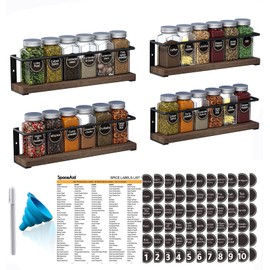 SpaceAid Spice Rack with 24 Spice Jars, 386 Spice Labels, Chalk Marker and Funnel, Wood Hanging Seasoning Shelf for Cabinet Door or Wall Mount (4 Pack)