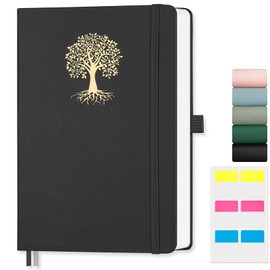 EMSHOI A4 Notebook Lined - 100 GSM Hardcover Leather Journal with Sticky Notes, 192 Pages College Ruled Notebook for Women Men Work School Writing Journaling, 21.5 X 29.7 cm - Black