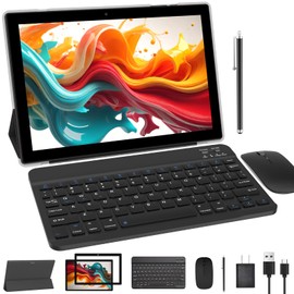 10 inch Tablet with Keyboard 2 in 1 Tablet Android 12 Tablets Include Case Mouse Stylus Tempered Film 6000mAh battery 4GB+64GB/512GB Expandable 10.1" Tableta, Dual Camera tab, WiFi Bluetooth Tablet PC