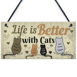 RED OCEAN Funny Cat Sign Life Is Better With Cats Hanging Plaque For Home Cat House Plaque Gift