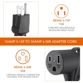 Tellegloww 15Amp to 50Amp Welder Adapter Cord, NEMA 5-15P Male to 6-50R Female 15Amp 3 Prong Household Regular to 3 Prong Welder Power Adapter, STW 10 AWG/3C, 15 Amp 3750 Watt 12Inch ETL Listed