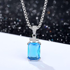 YAMI Necklace for Men, Gem Quality 17.5 Carat 5A Cubic Zircon Emerald Cut Birthstone Aquamarine Sky Blue, Cross Pendant with 24" Stainless Steel Chain, Jewelry Gift for Husband/Father/Boyfriend