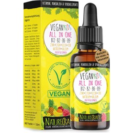 Vegan Kids All-in-One Tropfen - Vitamin B+B2+B6+B9 Folsäure + Zink + Eisen + Selen + Natrium + Kalium + Jod - Komplex mit natürlichem Tropical Fruchtgeschmack (20ml = max. 4 Monats-Vorrat)