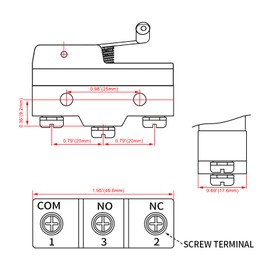 Heschen Small Micro Switch, Z-15GW22S-B, Momentary Contact Short Hinge Roller Lever, 3 Screw Terminal, 15A Rated Current