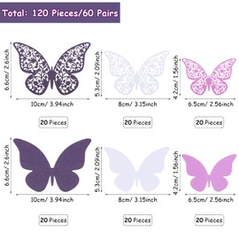 120 Pieces 60 Pairs Wall Decor Butterfly 3D Stickers Butterfly Removable Wall Sticker Craft Wall Art Decorative Crafts for Wedding Decoration (White, Purple)