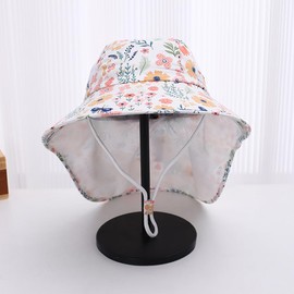 XYIYI Kids Beige Floral Sun Hat Flap Neck Protection Adjustable Chin Straps Sun Protection Hats for 3-8 Years Old Boys Girls