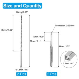 uxcell Tap and Drill Bit Set, 2pcs 2-56 UNC Straight Flute Thread Screw Taps & 2pcs 1.8mm Twist Drill Bits, HSS-6542 Tapping Threading Tool Kit