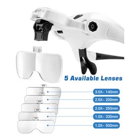 Anpro Magnifying Glasses Headset with Light, 5 Detachable Lenses (1X-3.5X), 4 LED with Adjustable Brightness, Headband Magnifier with Additional Headstrap for Close Work, Jewelry, Watch Repair, Crafts