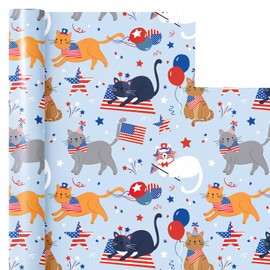 WRAPAHOLIC American Cat Wrapping Paper Roll - Mini Roll - 17 Inch x 16.5 Feet - USA Patriotic Cat 4th of July Wrapping Paper Perfect for Independence Day, Memorial Day, Birthday