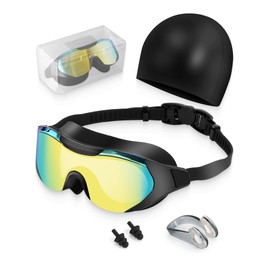 Hurdilen Adult Swimming Goggles with Nose Clip, Ear Plugs & Swim Cap | Anti-Fog UV Protection Lens | Leakproof Adjustable Strap for Men Women (Blue & Black)