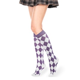 Violet Mist Argyle Knee High Socks for Women Girls Purple and White Checked High Knee Socks Funny Cute Knee High Stockings Novelty Colorful Argyle Patterned Knee High Tube Athletic Socks,Purple Argyle