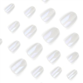 Vopintpy Aurora Cat Eye Press on Nails Medium Oval Fake Nails White Solid Color Acrylic Nails with Design Mirror Artificial Glue on Nails Reusable Stick on Nails for Women DIY Manicure Decoration