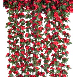 PONKING 6 Pcs 49FT Flower Garland, Artificial Rose Vine Flowers with Green Leaves, Hanging Fake Roses Vine for Room Anniversary Wedding Birthday Christmas Wall Arch Decor, Spring Red Flower