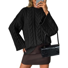Saodimallsu Womens Oversized Sweaters Cable Knit Bell Batwing Sleeve Crew Neck Fall Winter Chunky Pullover Tops Black