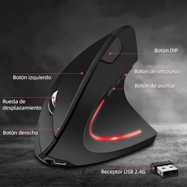 Mouse Inalámbrico Ergonómico Recargable,Mouse Vertical con 3 DPIs Ajustables (800/1200/1600),2.4GHz WiFi Ratón Vertical 6 Botones con Receptor USB,Mouse Ergonomico para Sistema Windows y Mac(Negro)
