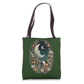 Aesthetic Goblincore and dark Cottagecore Mushroom Moon Bird Tote Bag